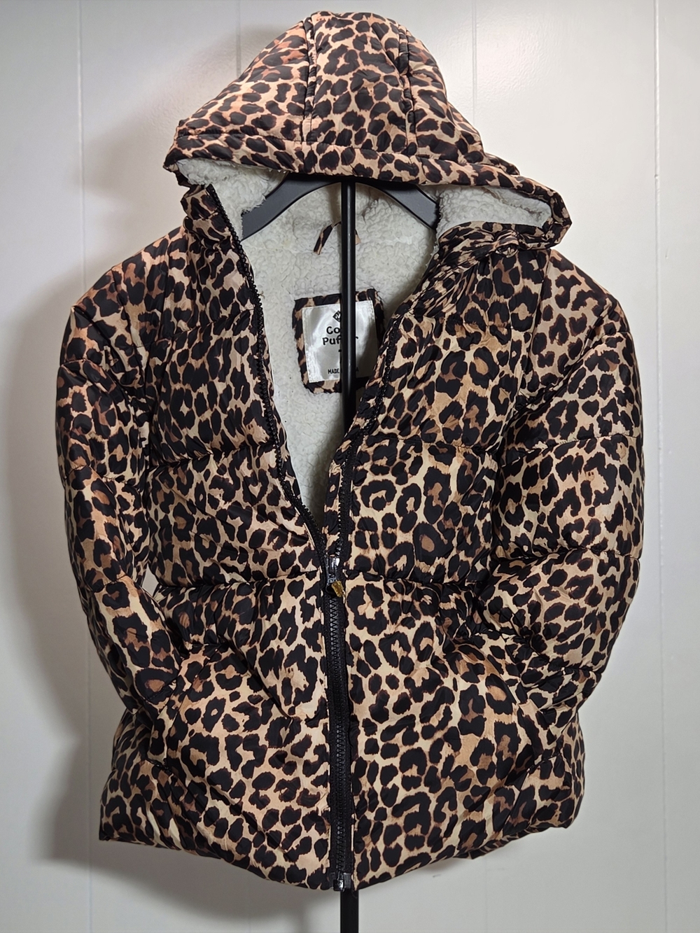 Leopard Print Puffer Jacket with Sherpa Lining Girls Size 7